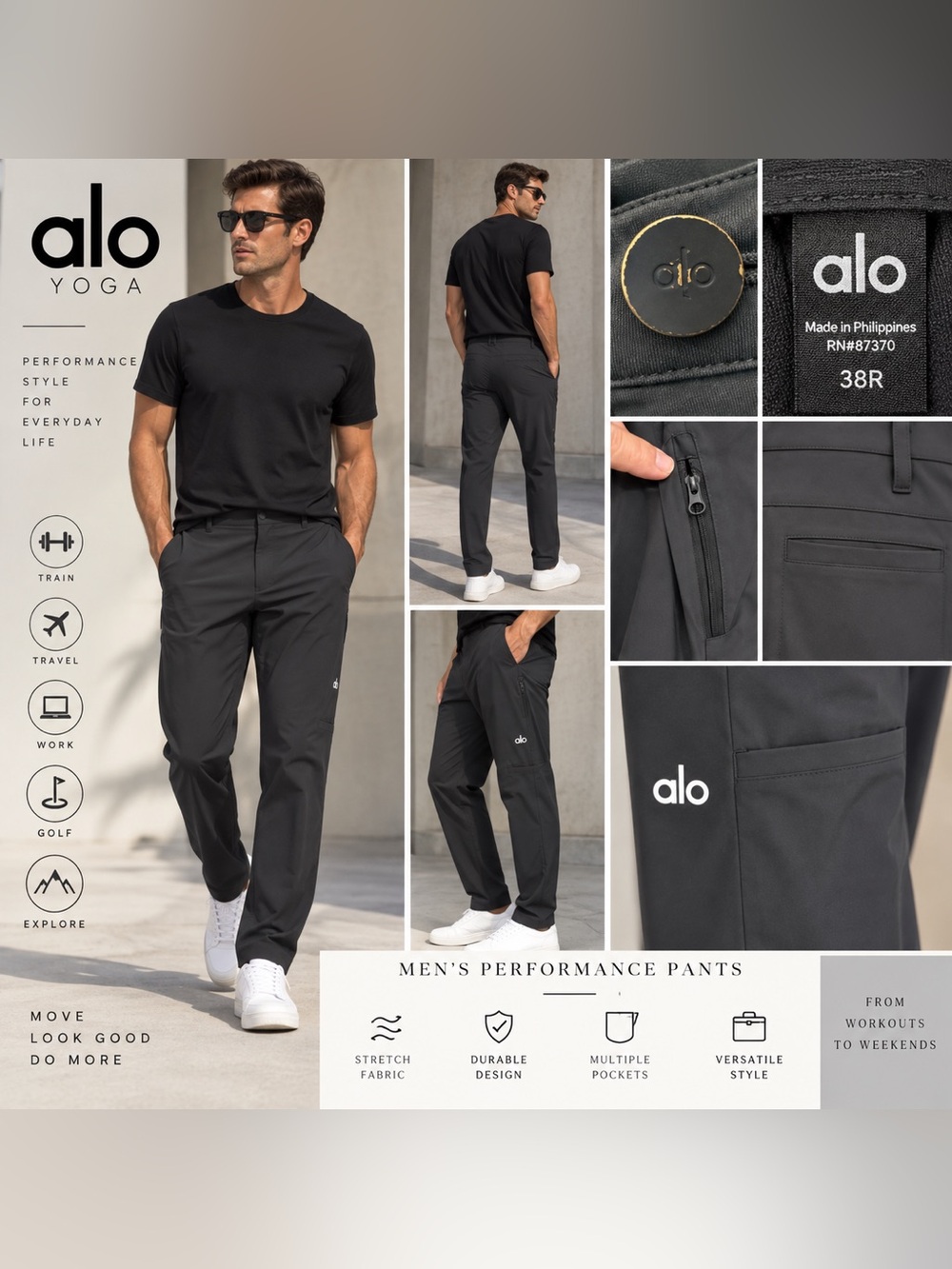 Alo Yoga Men’s Performance Pants Size 38R Black Technical Commuter